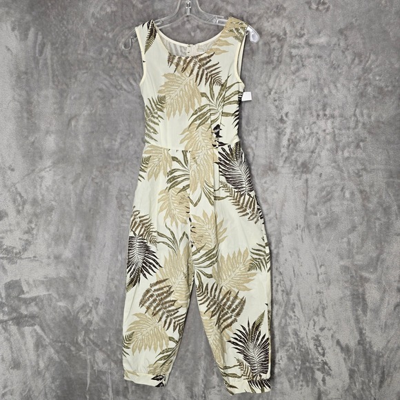 Lee's Fashion LLC Pants - Lee's Fashion Jumpsuit Womens XS Cream Green Tropical Fern Hawaii Pockets Romper
